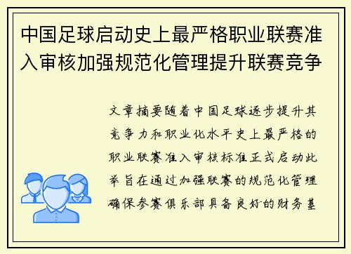中国足球启动史上最严格职业联赛准入审核加强规范化管理提升联赛竞争力